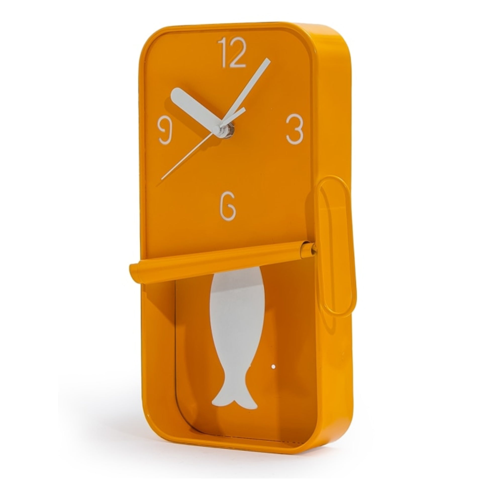 Orange wall clock with fish design on a white background