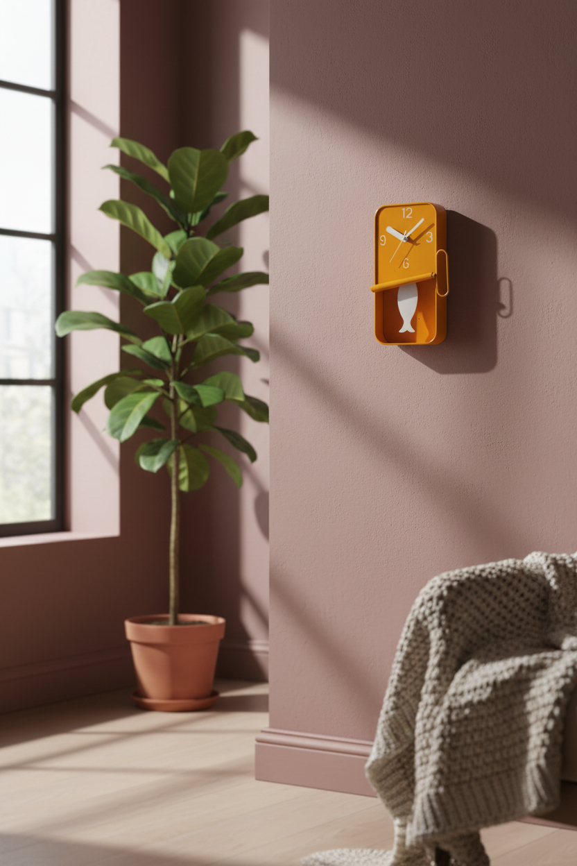 Yellow wall clock on a pink wall with a plant and chair in the foreground