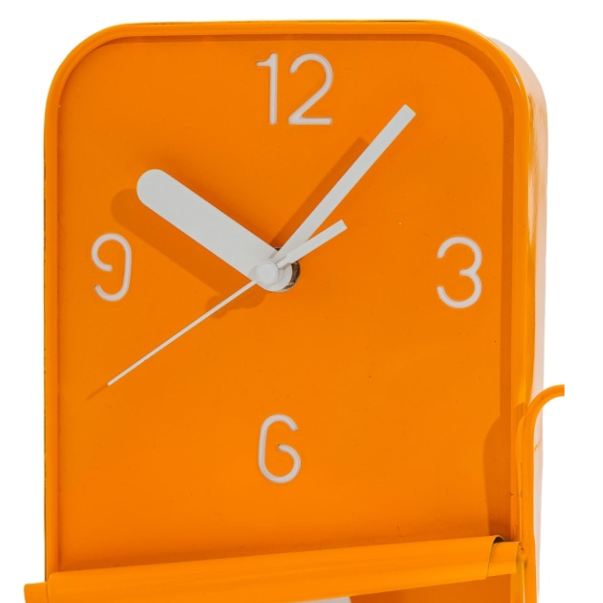 Orange clock with white numbers and hands on a white background