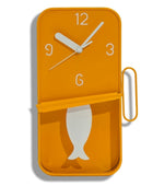 Orange wall clock with fish design on a white background