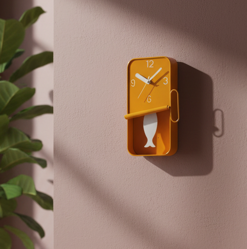 Yellow wall clock with fish design on a beige wall