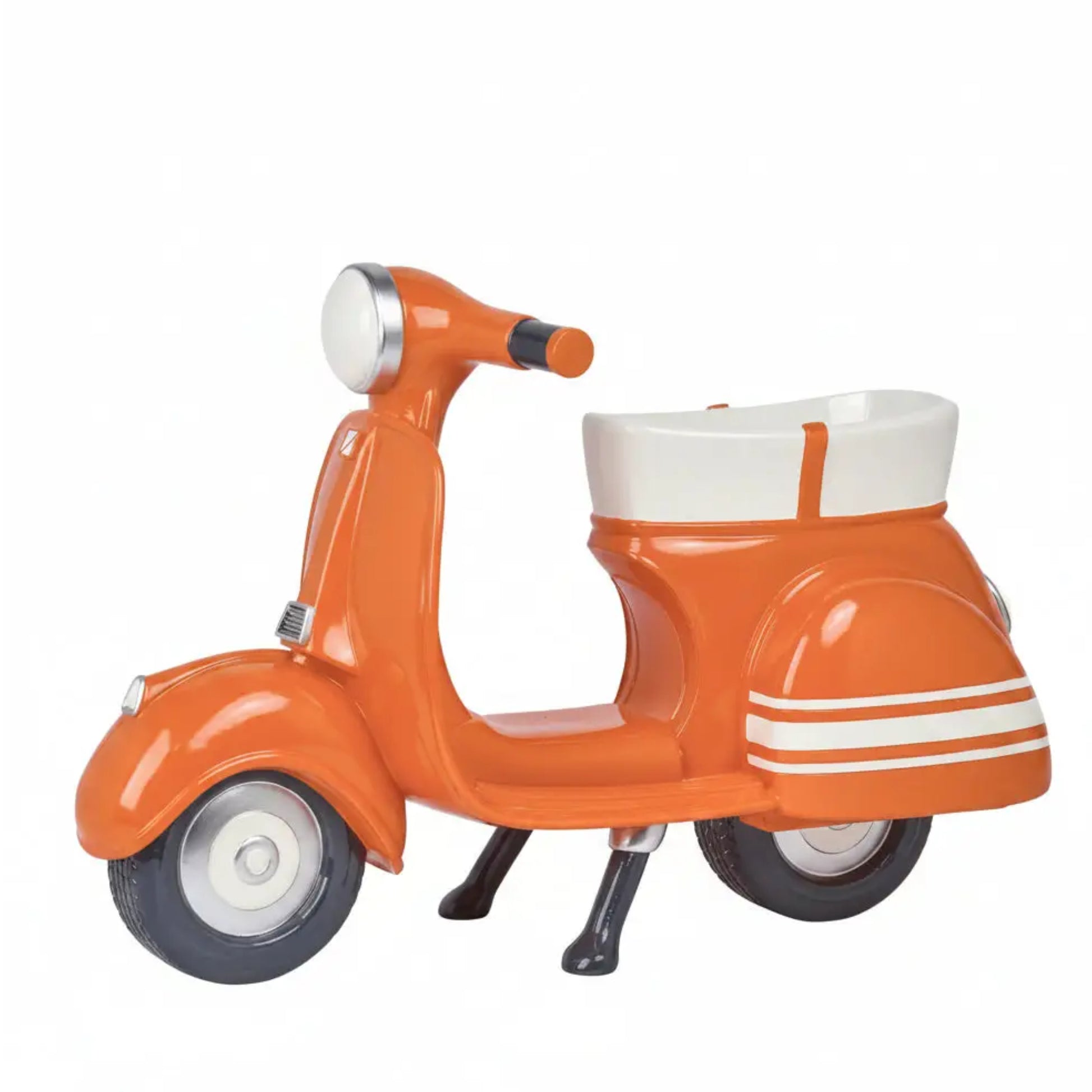 Orange scooter-shaped planter on a white background