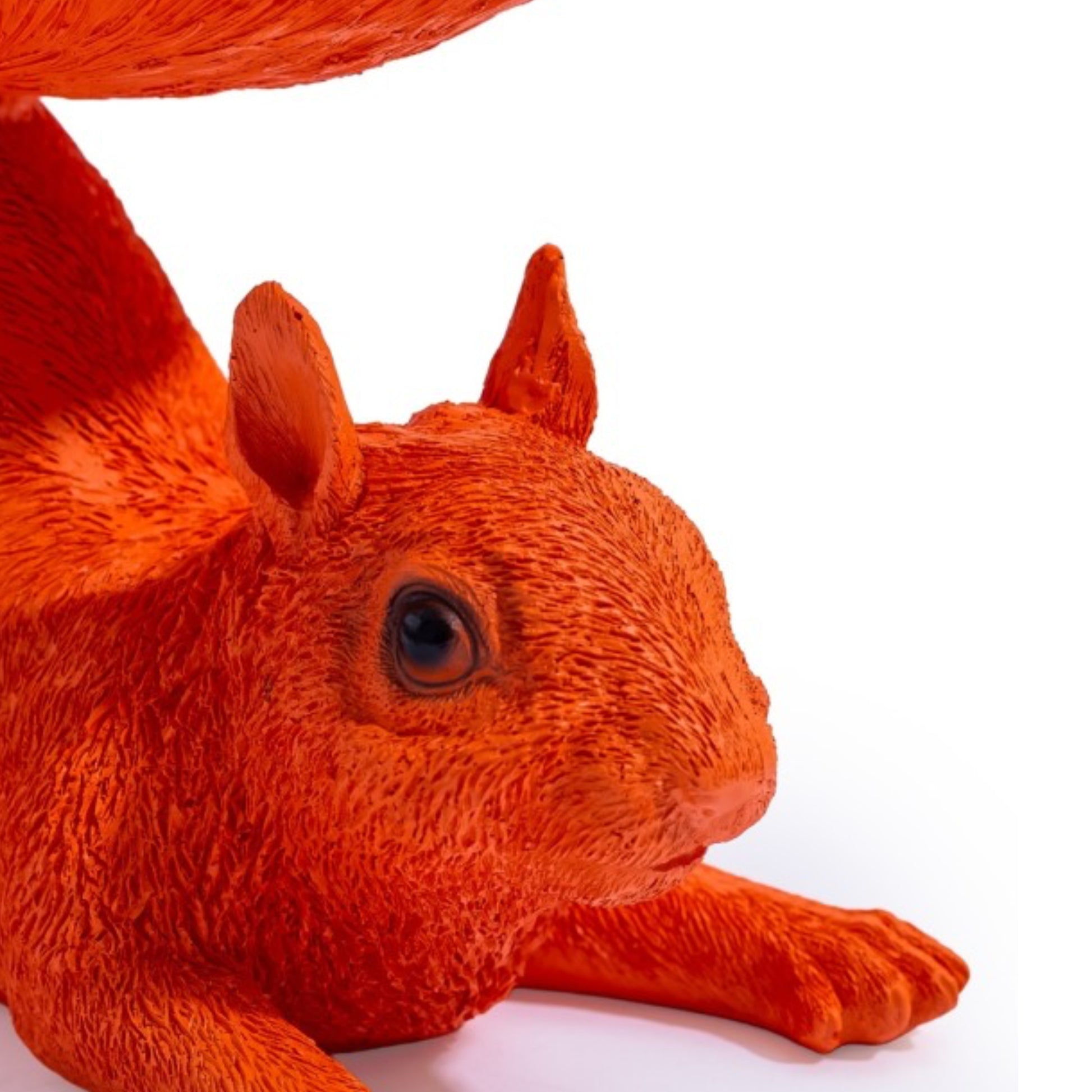 Close-up of a red squirrel toy on a white background