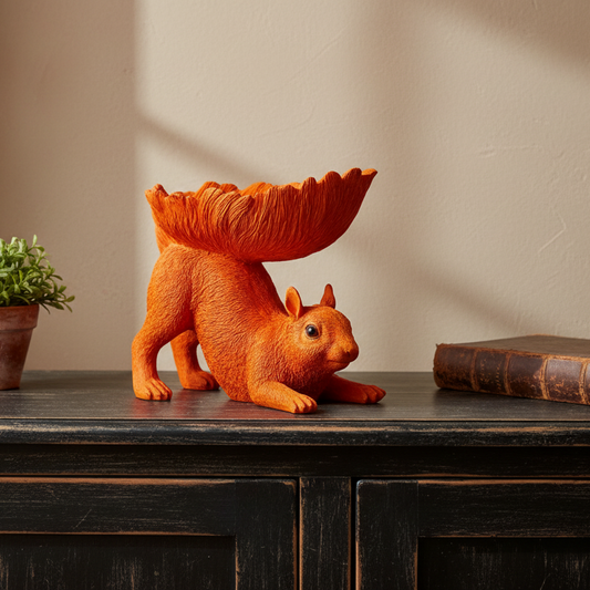 Orange squirrel sculpture with a bowl on a wooden surface