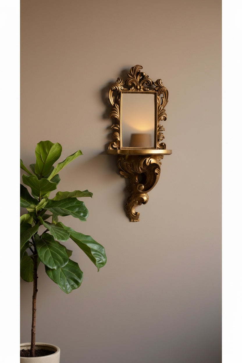 An ornate gold wall mirror with a decorative corset-style frame and matching shelf, mounted on a pale pink paneled wall with a blurred green plant in the foreground.