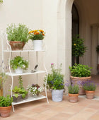 Potted plants on a white metal shelf in an outdoor setting with columns and a table.