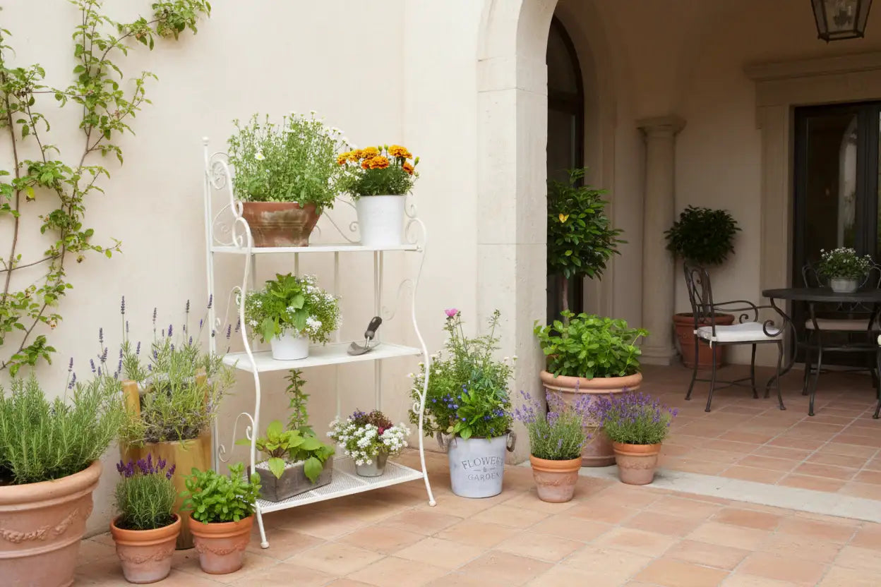 Potted plants on a white metal shelf in an outdoor setting with columns and a table.