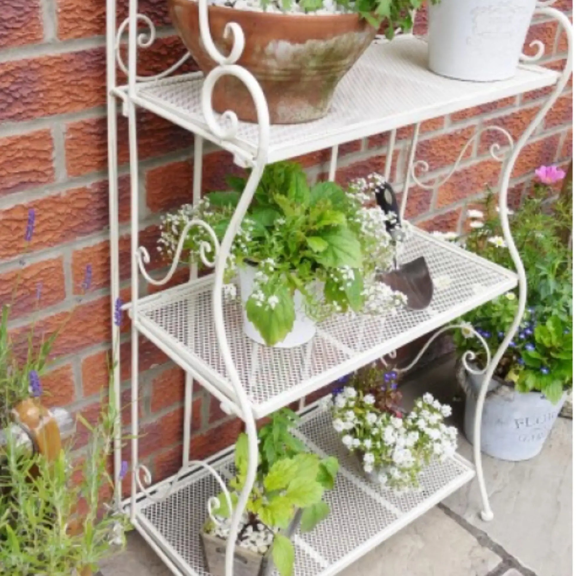 White metal plant stand with plants against a brick wall