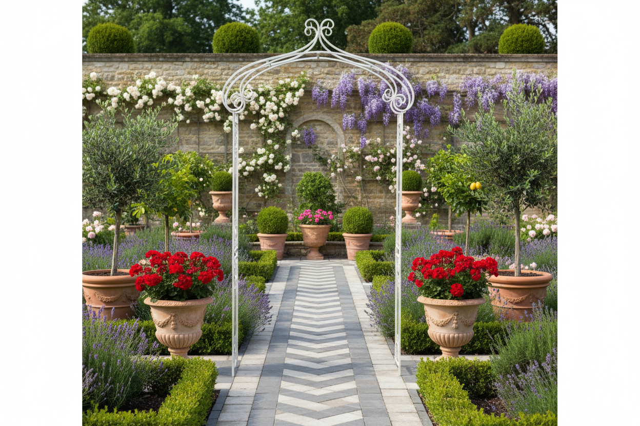 Garden scene with a white archway, potted plants, and a path leading to a stone wall.