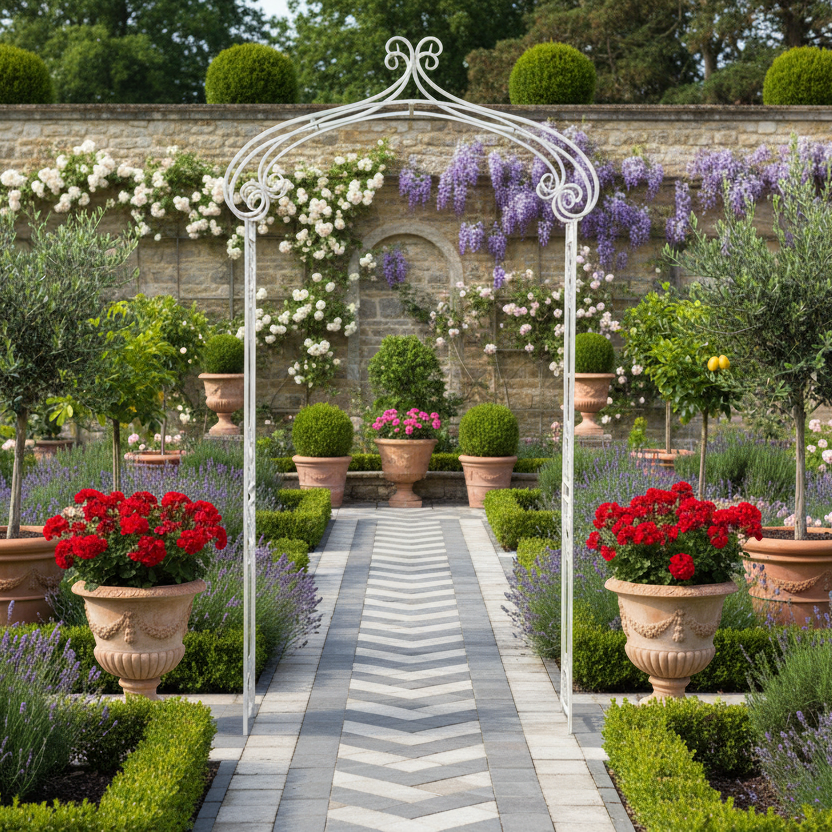 Garden pathway with decorative arch, potted plants, and flowers.
