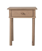 Wooden side table with a single drawer on a white background