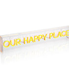 Neon sign with 'OUR HAPPY PLACE' text on a white background