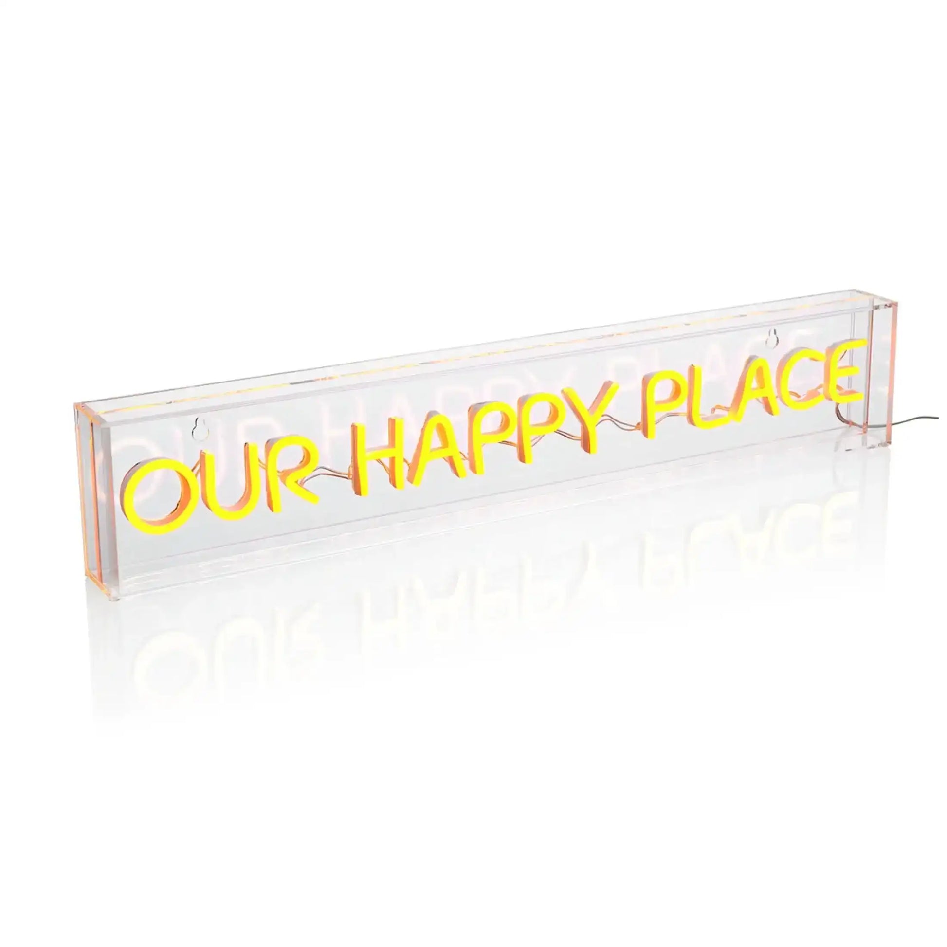 Neon sign with 'OUR HAPPY PLACE' text on a white background