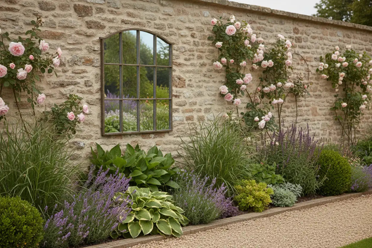 Decorative window with metal grille on a stone wall with greenery outside