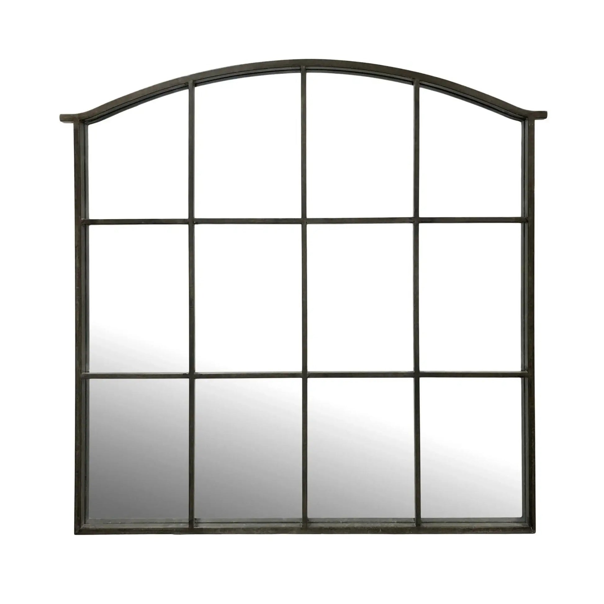 Decorative window-style mirror with metal frame on a white background