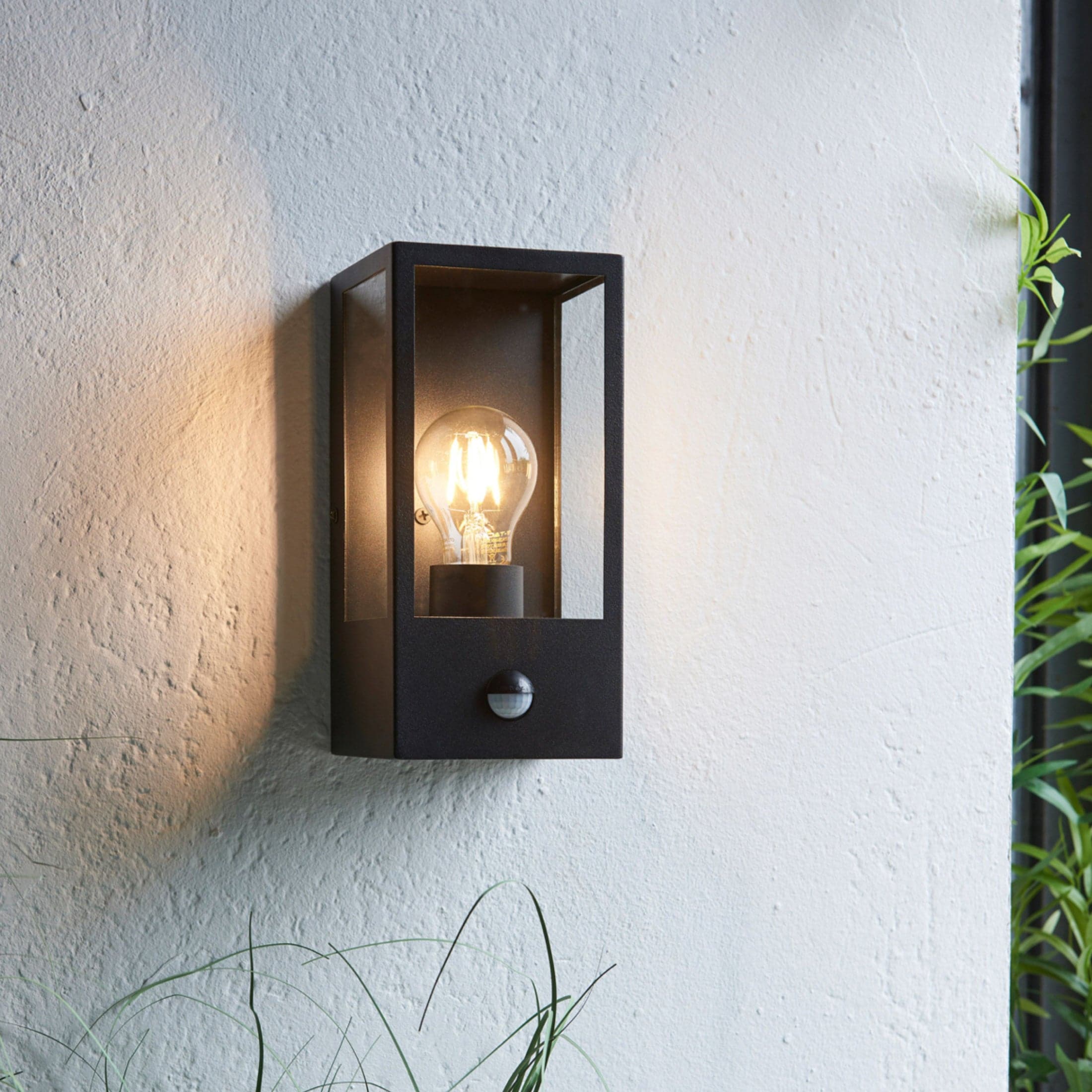 Outdoor Matt Black Box Lantern Wall Light with PIR Sensor