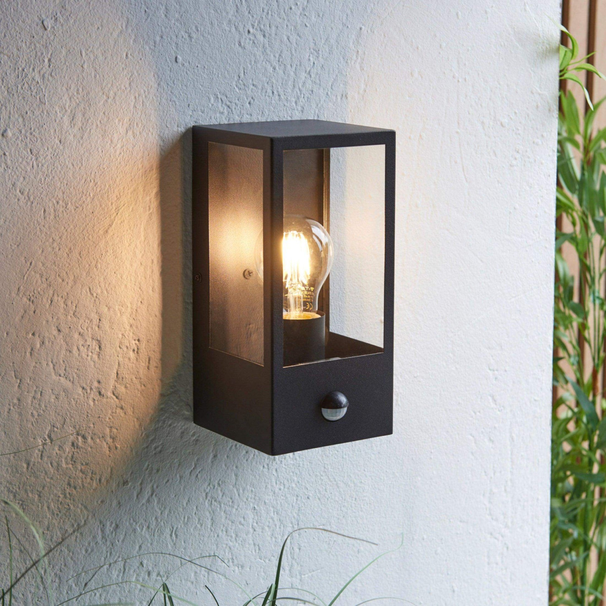 Outdoor Matt Black Box Lantern Wall Light with PIR Sensor - The Farthing