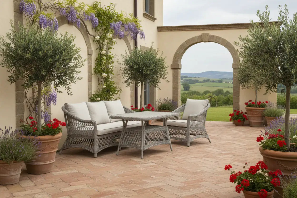 Outdoor patio setting with wicker furniture, potted plants, and a scenic view.
