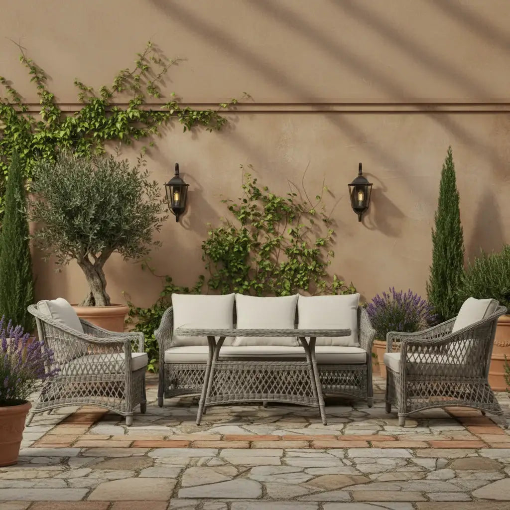 Outdoor patio set with cushions on a stone patio, surrounded by plants and wall lights.