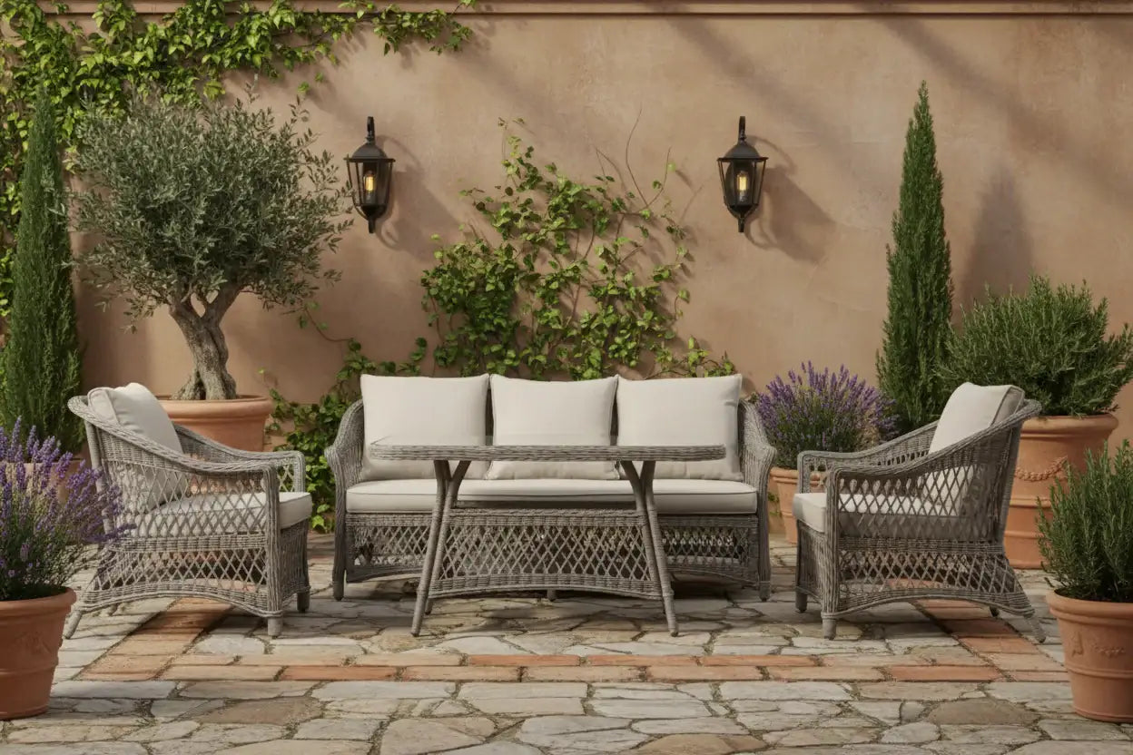 Outdoor patio set with wicker furniture on a stone patio surrounded by plants.