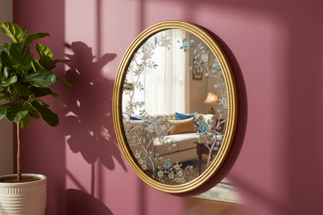 Decorative round mirror with floral design on a pink wall, reflecting a living room.