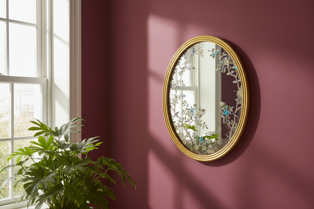 Gold-framed mirror on a red wall with a plant in the foreground