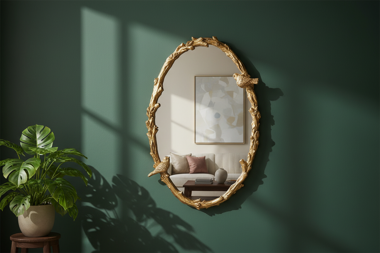 Gold-framed mirror on a green wall with a plant and sofa reflection