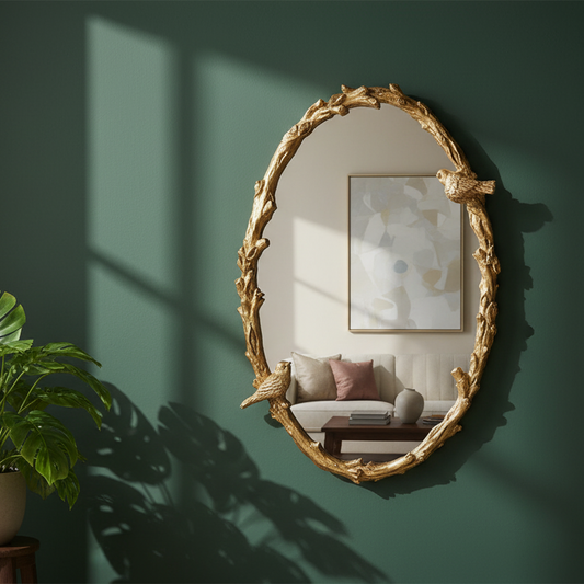 Decorative gold-framed mirror on a green wall with a couch and plant in the background
