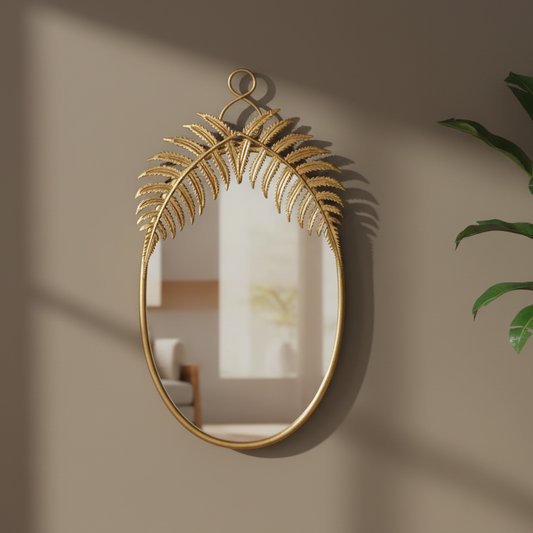 Gold leaf-shaped mirror on a beige wall with a plant in the corner