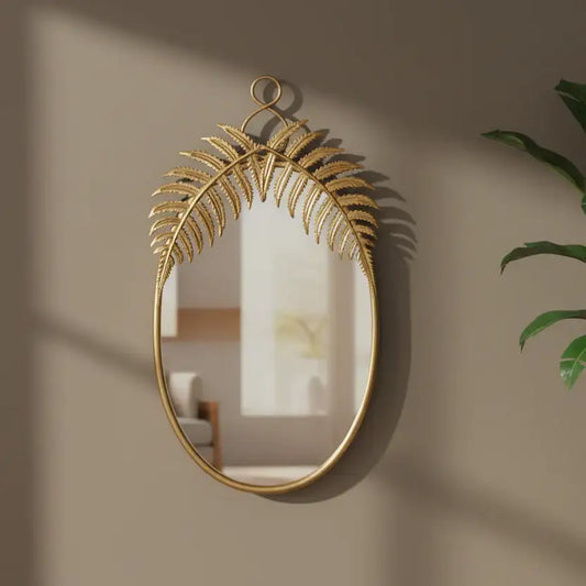 Gold leaf-shaped mirror on a beige wall with a plant in the corner