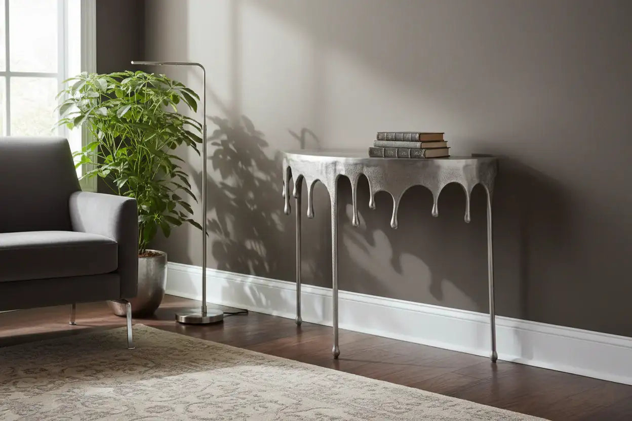 Modern living room with a gray sofa, console table, and plant.