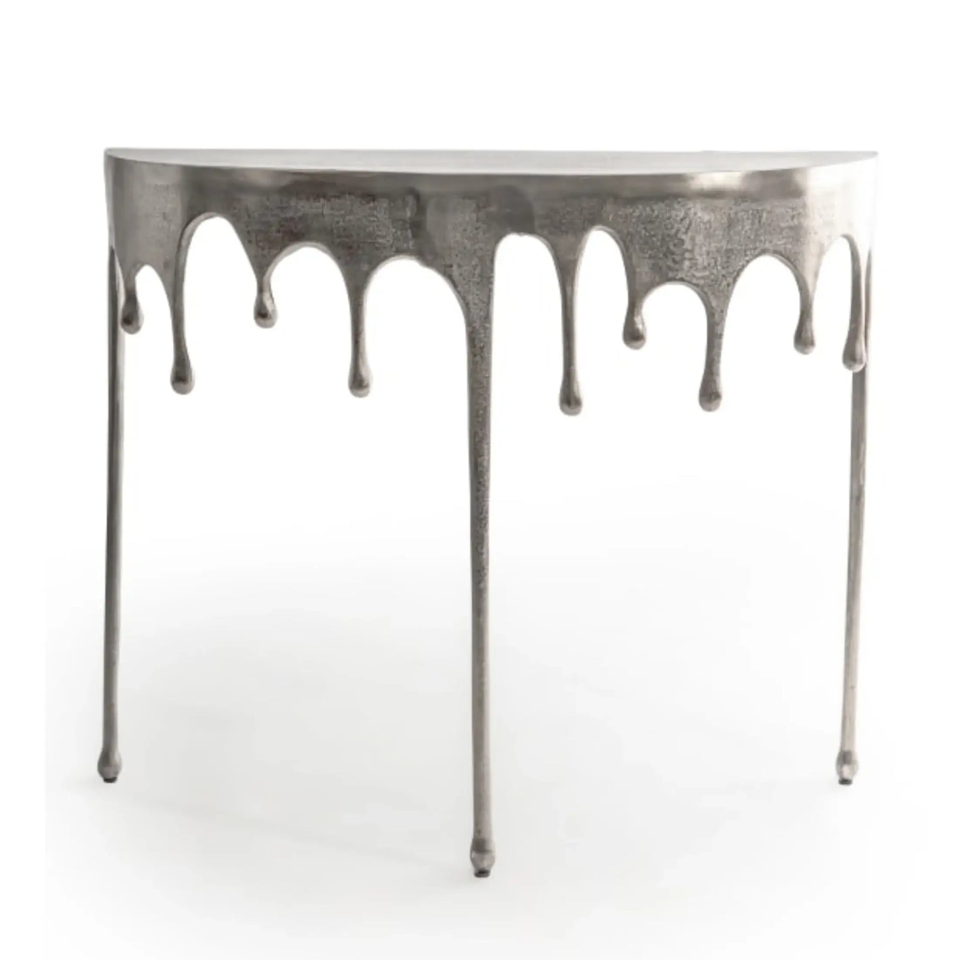 Metallic console table with a dripping design on a white background