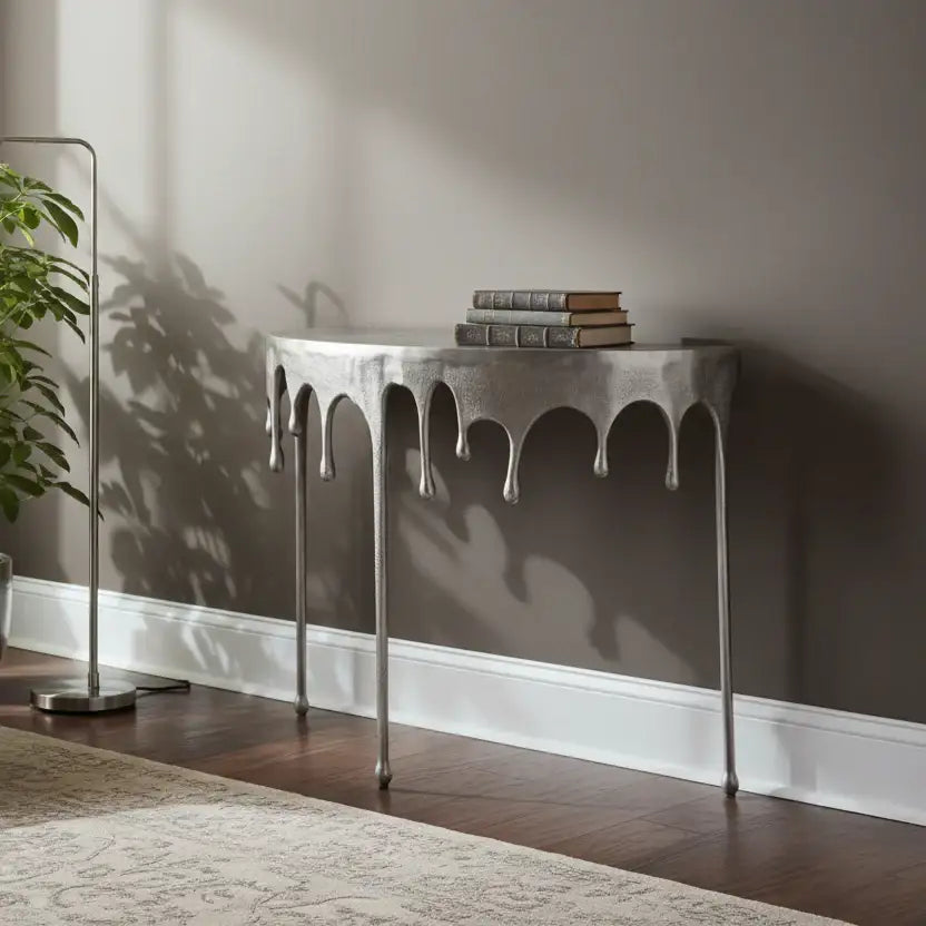 Decorative console table with books against a wall in a room with a plant and rug.