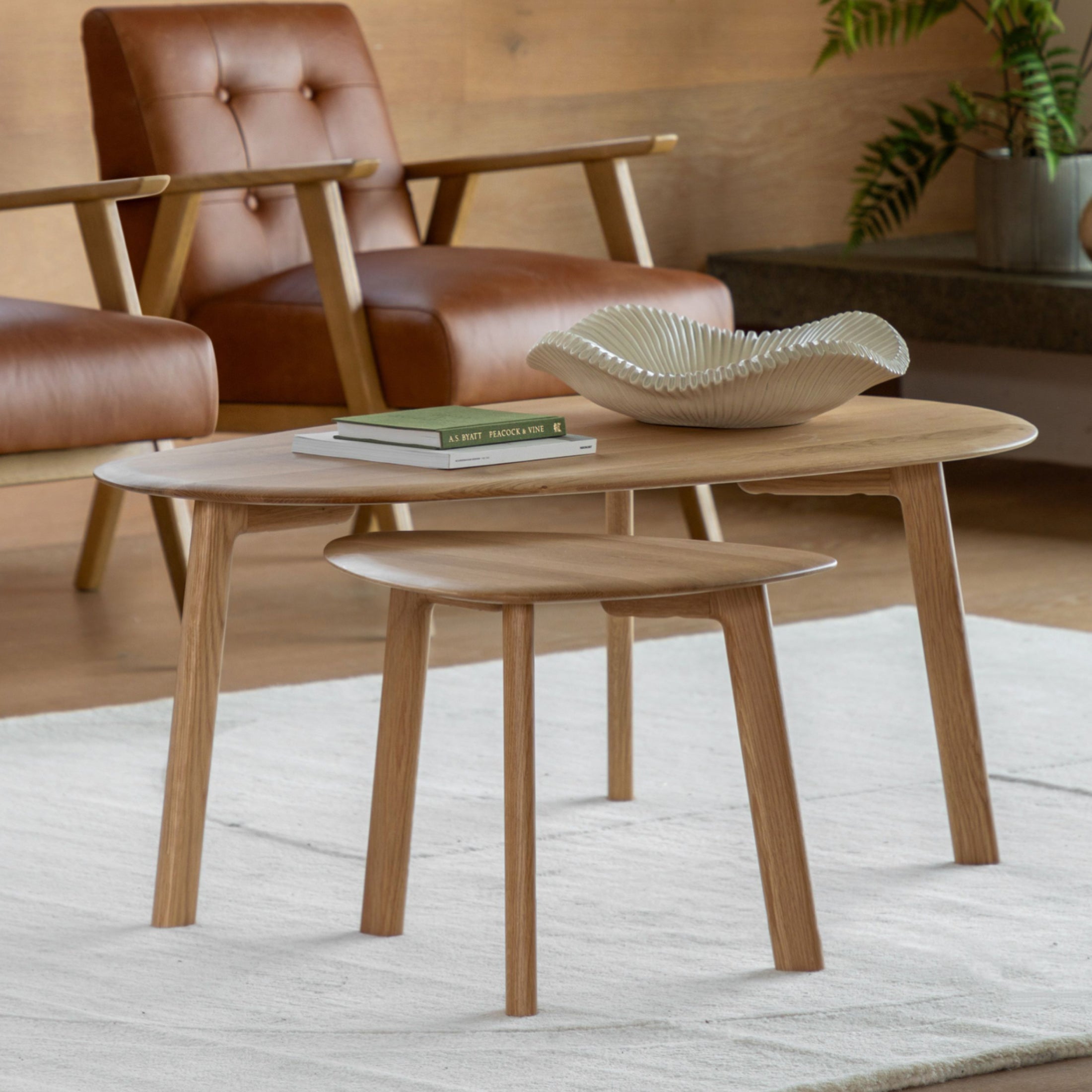 Oval Mid Century Styled Oak Coffee Table Nest