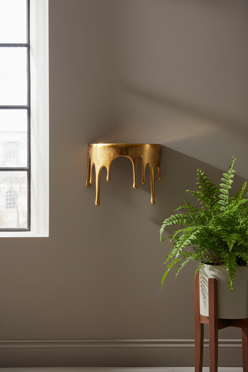 Gold wall-mounted shelf with a plant on a gray wall