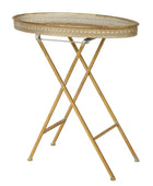 Folding side table with wicker top on a white background