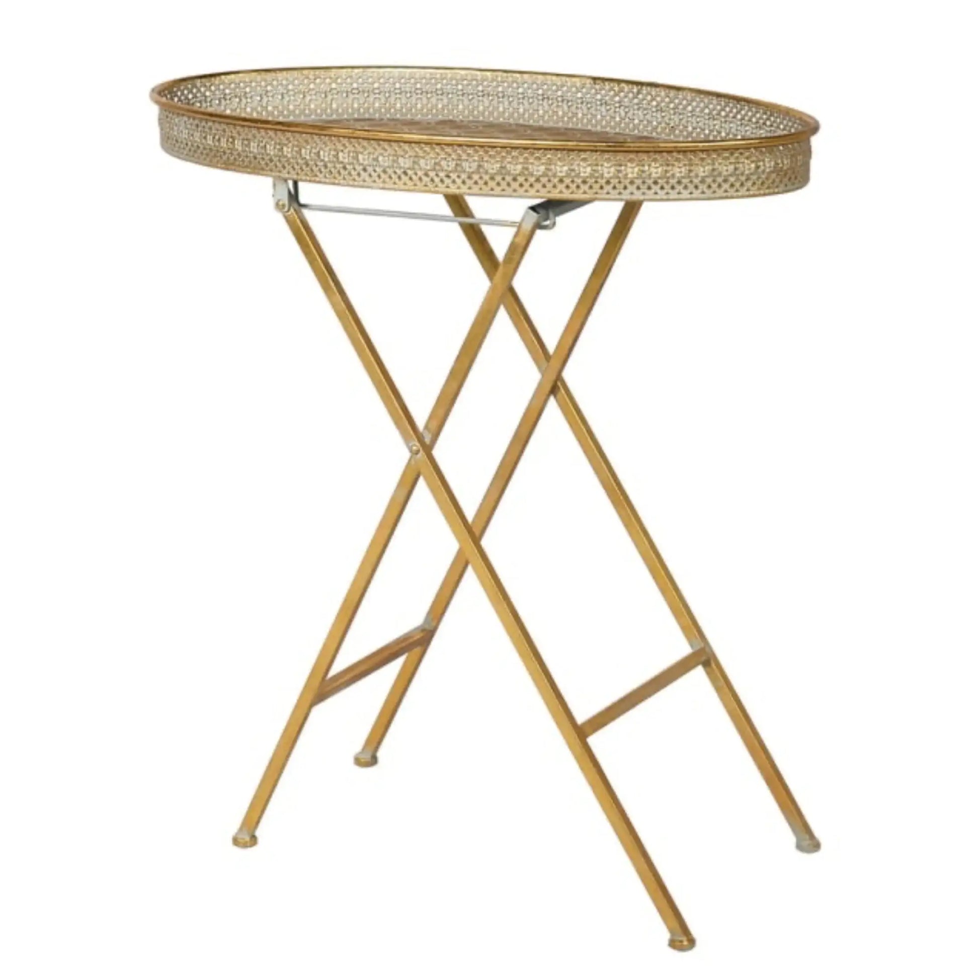 Folding side table with wicker top on a white background