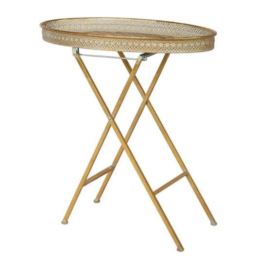 Folding side table with wicker top on a white background