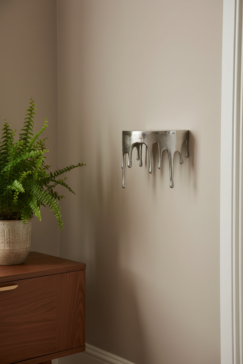 Metal wall art piece on a beige wall next to a wooden cabinet with a plant.