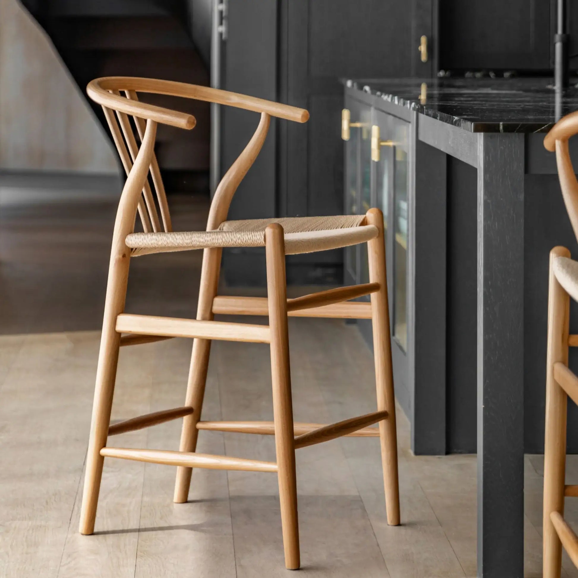 Pair of Bow Backed Natural Elm Wood Bar Stools