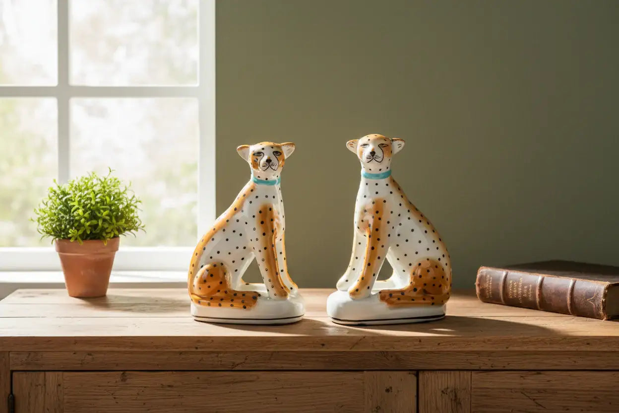 Two ceramic cheetah figurines on a wooden surface with a window in the background