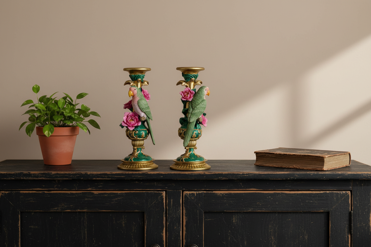 Decorative candle holders with birds and flowers on a wooden surface with a plant and book in the background.