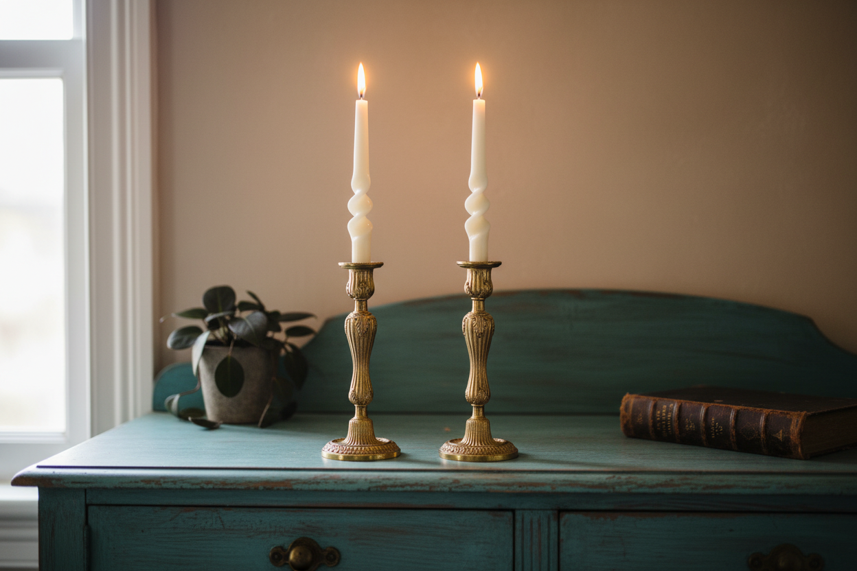 Two lit candles in gold candlesticks on a wooden surface with a soft background