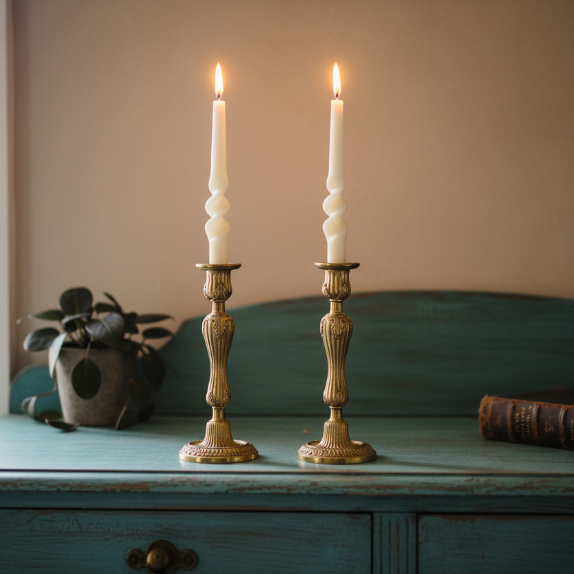 Two lit candles in ornate brass candlesticks on a wooden surface with a plant and book in the background.