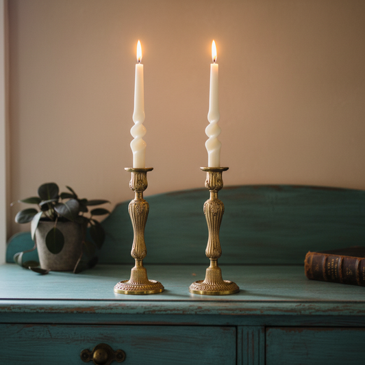 Two lit candles in ornate brass candlesticks on a wooden surface with a plant and book in the background.