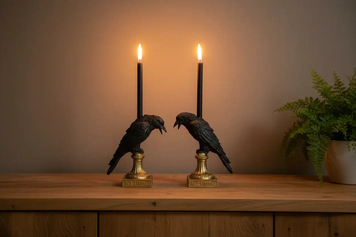Pair of Black Crow Candle Holders