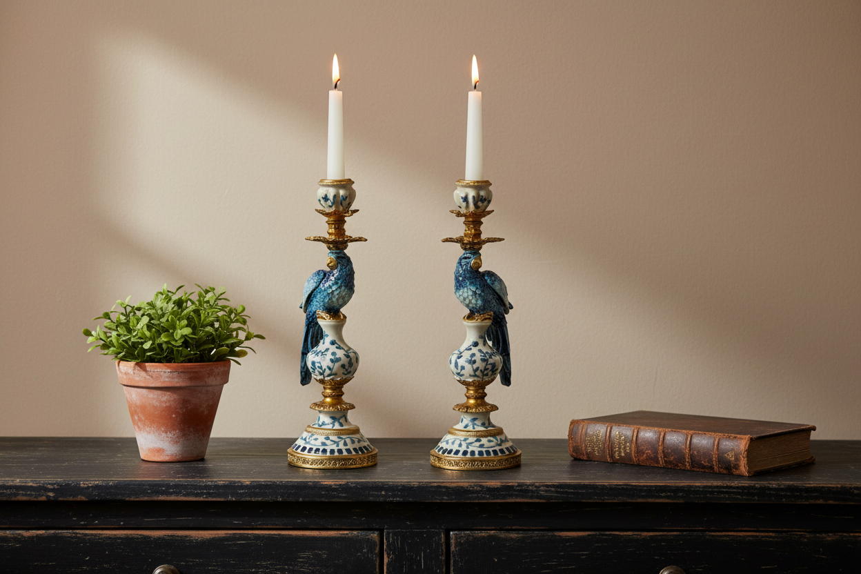 Decorative candlesticks with birds on a wooden surface against a beige wall.