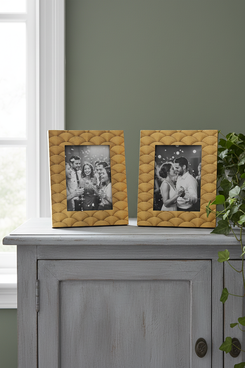 Two yellow textured picture frames on a gray cabinet with a plant in the background.