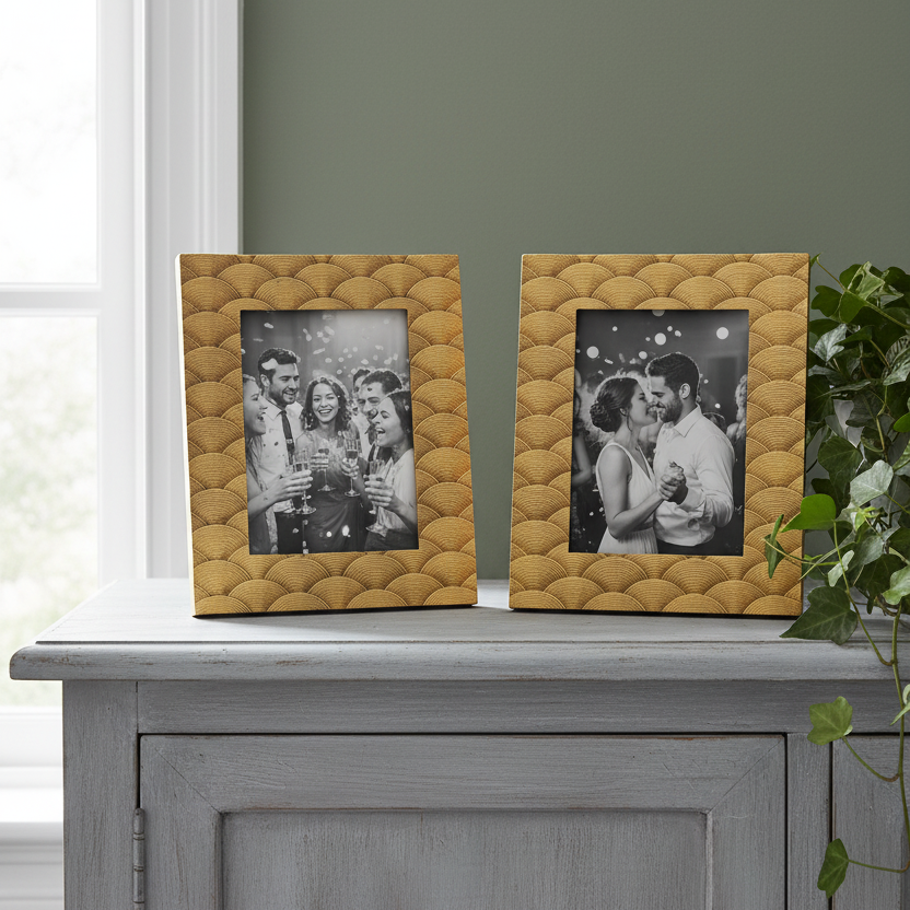 Two textured gold picture frames on a gray surface with photos inside.