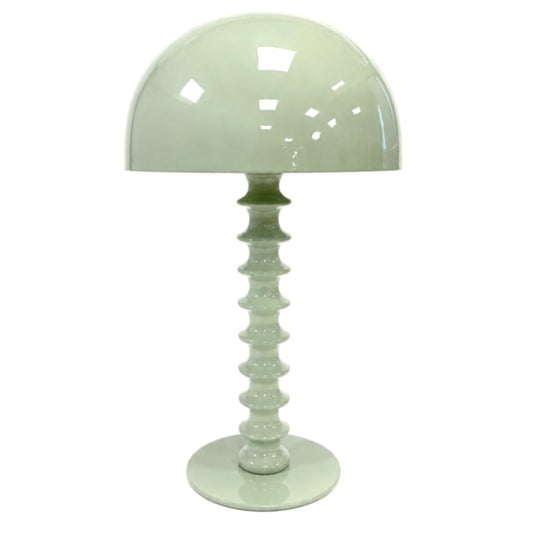 A glossy pale green table lamp with a rounded dome shade, a ribbed spiral stem, and a circular base, shown on a plain white background.